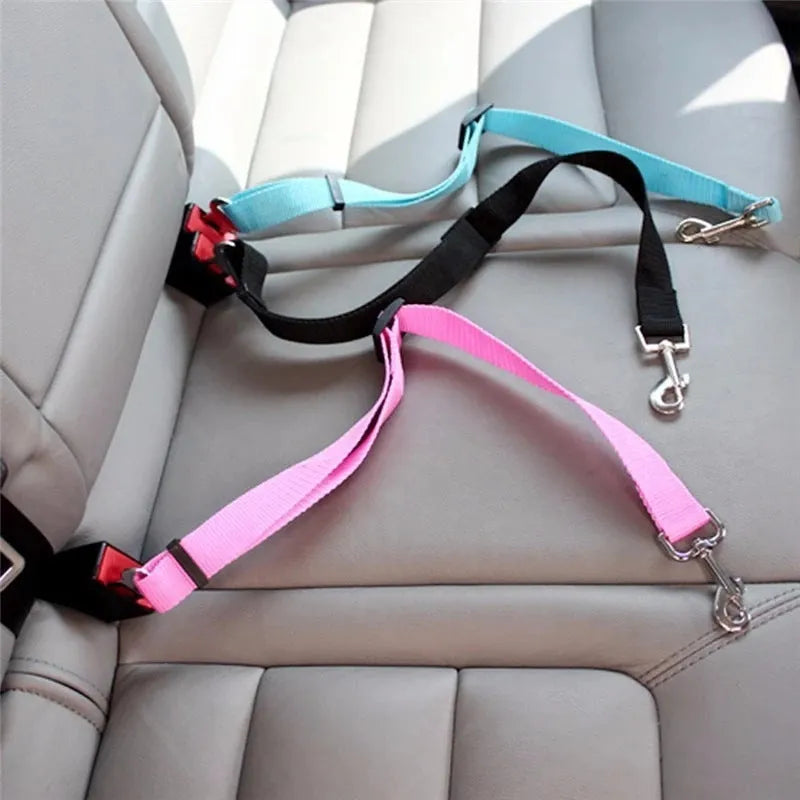 Black adjustable pet car seat belt with nylon fabric strap and zinc alloy clip on vehicle seat