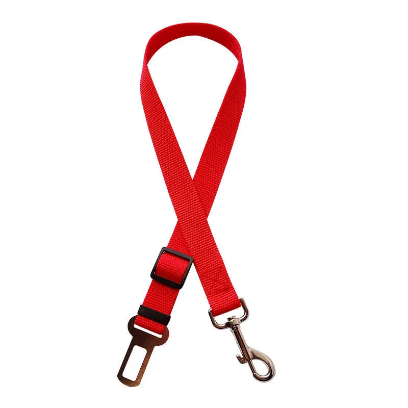 Black adjustable pet car seat belt with nylon fabric strap and zinc alloy clip on vehicle seat