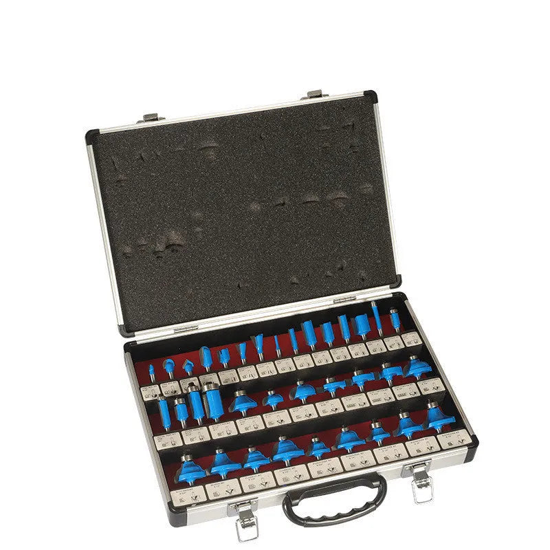 Woodworking milling cutter set with 35 pieces showing multiple handle size options