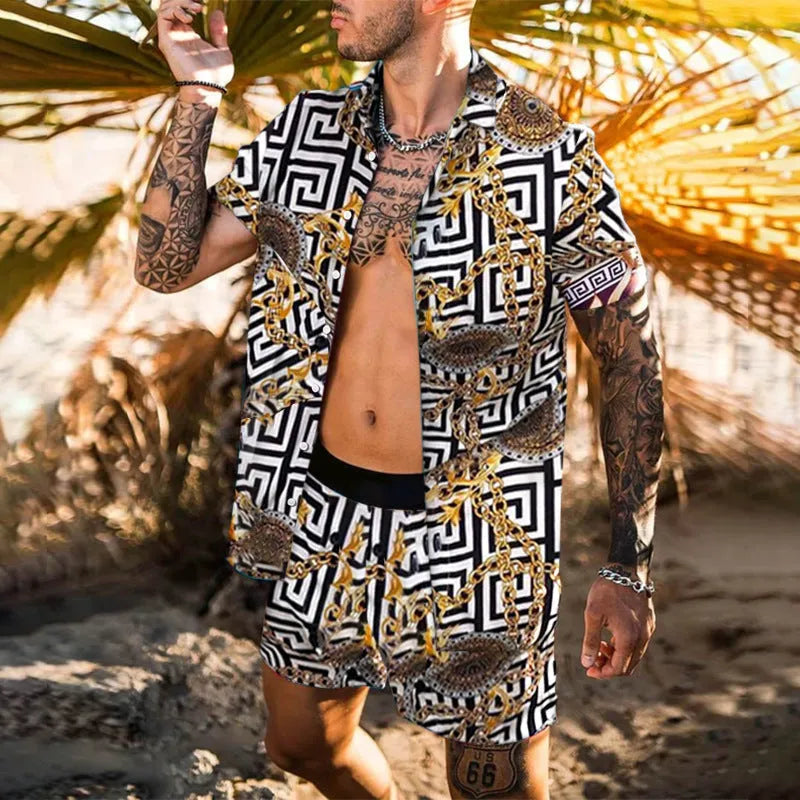 Men's summer Hawaiian 2-piece set with printed lapel short sleeve shirt and matching elastic waist beach shorts in polyester, three colour options