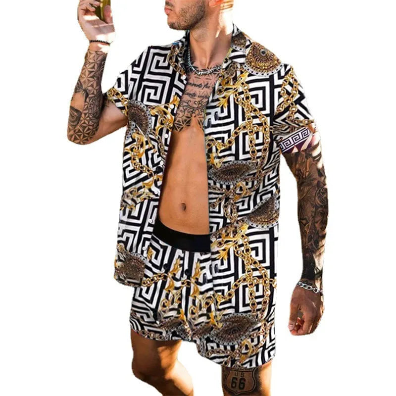Men's summer Hawaiian 2-piece set with printed lapel short sleeve shirt and matching elastic waist beach shorts in polyester, three colour options