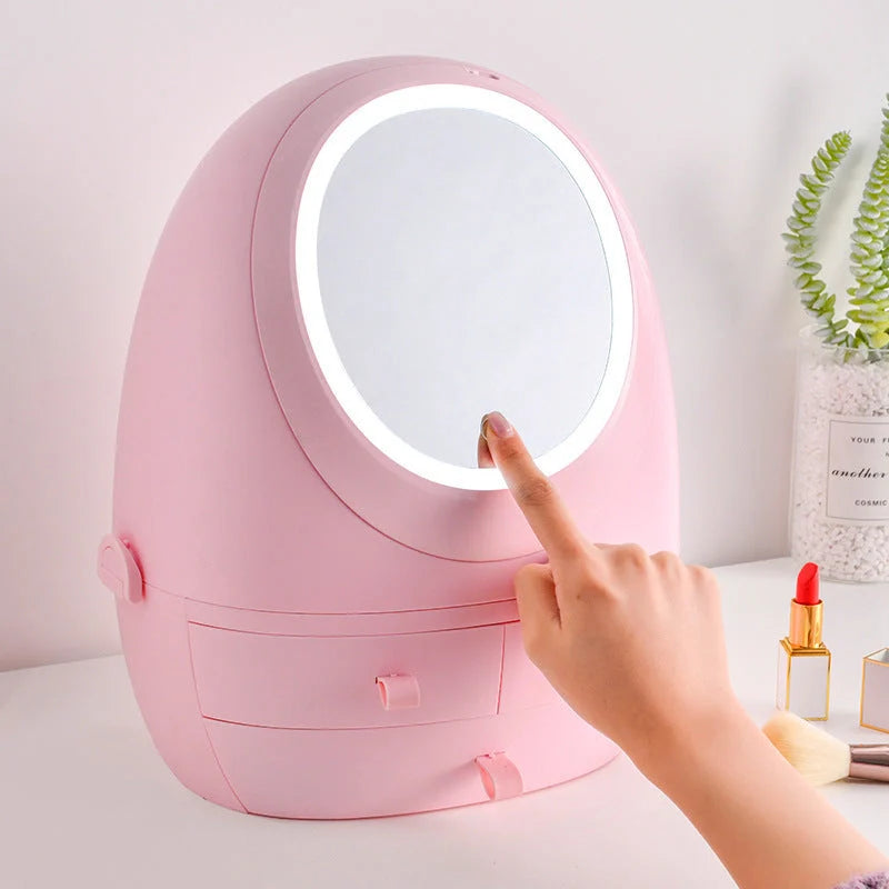 Compact LED makeup mirror with USB charging option and included jewelry box
