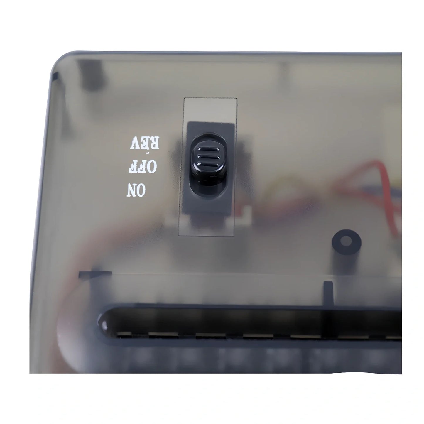 Small electric A4 strip cut paper shredder on desk, 29cm x 15cm x 19cm, shreds 5 sheets into 6mm pieces