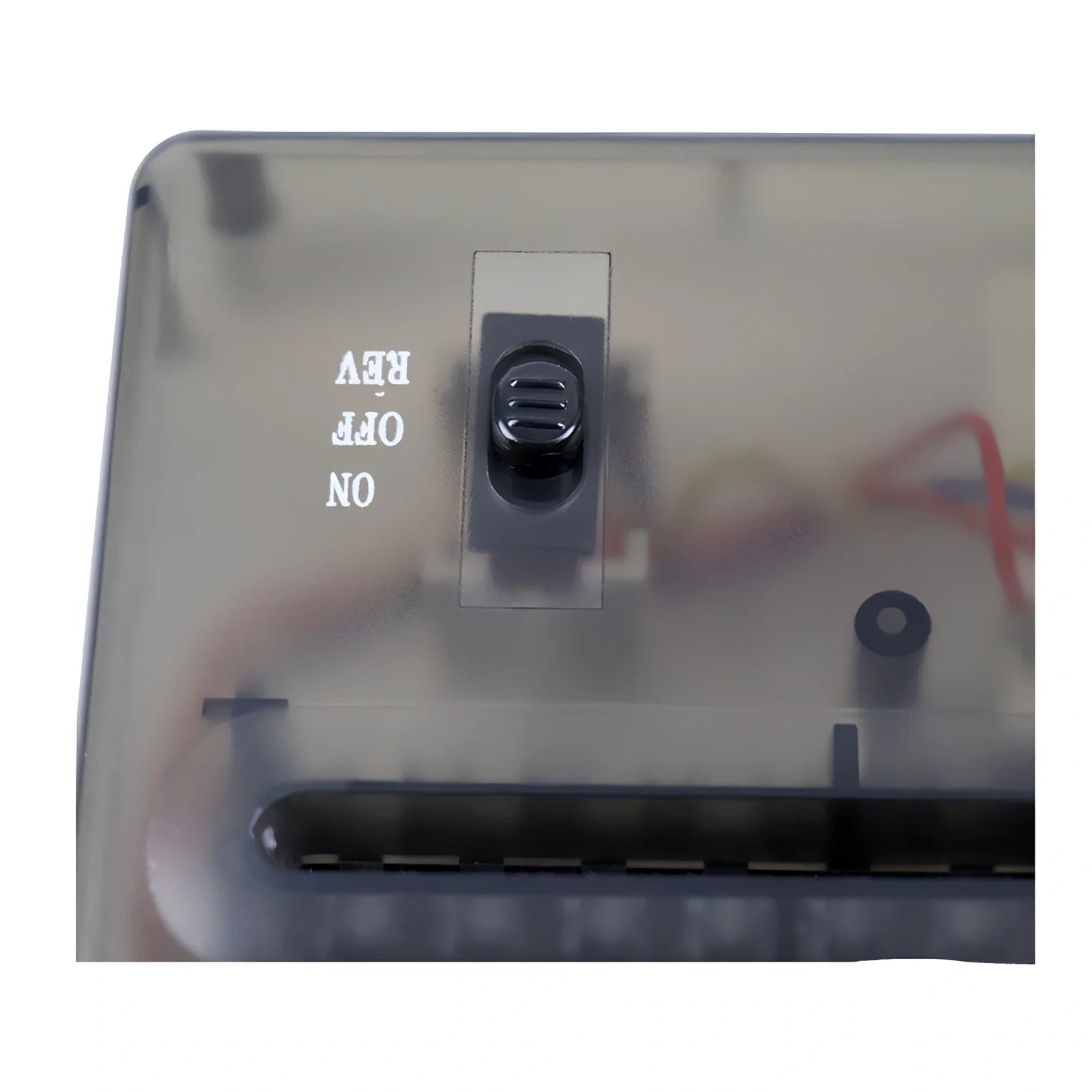 Small electric A4 strip cut paper shredder on desk, 29cm x 15cm x 19cm, shreds 5 sheets into 6mm pieces