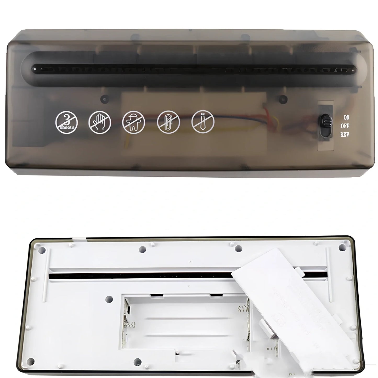 Small electric A4 strip cut paper shredder on desk, 29cm x 15cm x 19cm, shreds 5 sheets into 6mm pieces