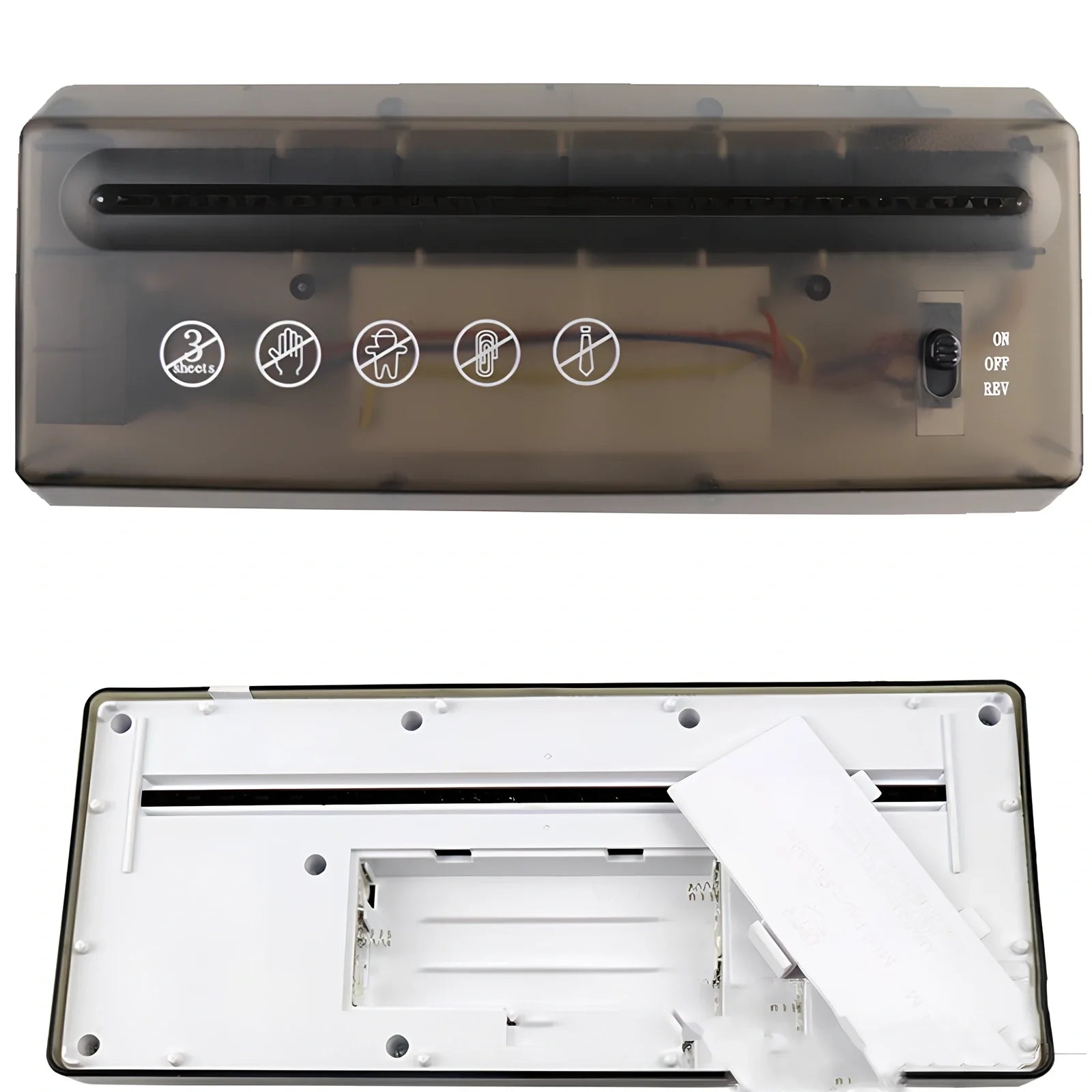 Small electric A4 strip cut paper shredder on desk, 29cm x 15cm x 19cm, shreds 5 sheets into 6mm pieces