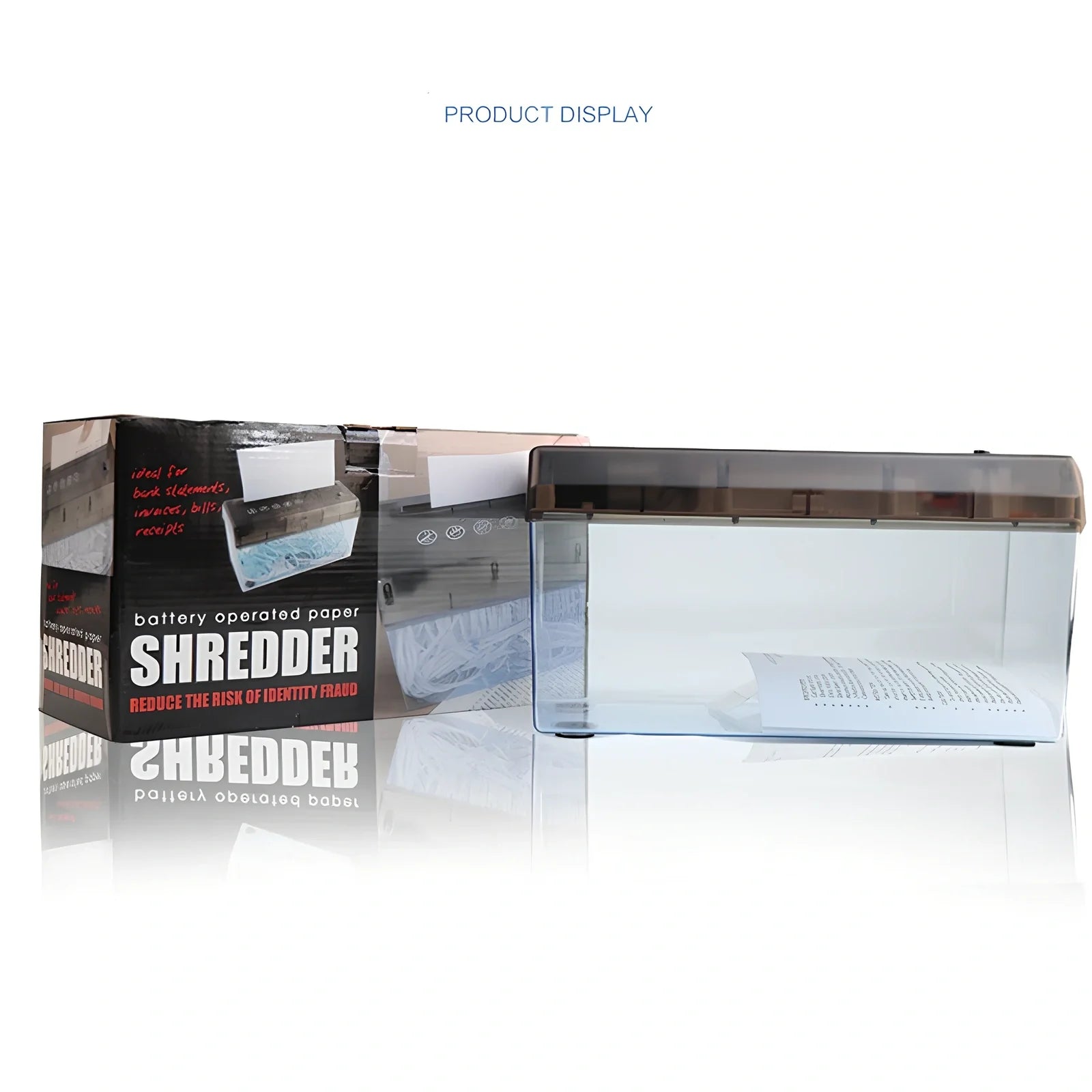 Small electric A4 strip cut paper shredder on desk, 29cm x 15cm x 19cm, shreds 5 sheets into 6mm pieces