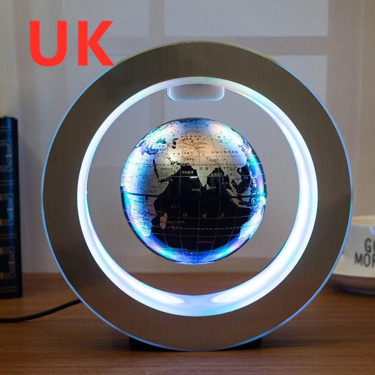 Round LED World Map Floating Globe hovering above base with magnetic levitation
