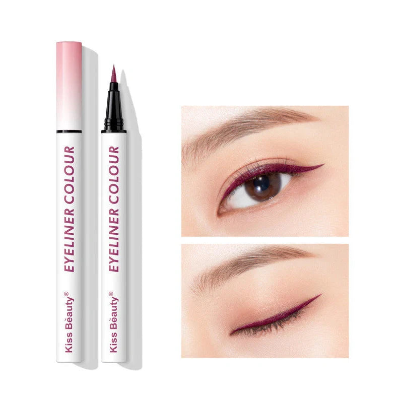Colour eyeliner with sweat-resistant formula in light coffee, pink purple, and blue shades showing 2mm precision tip
