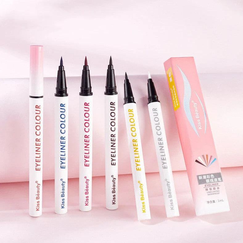 Colour eyeliner with sweat-resistant formula in light coffee, pink purple, and blue shades showing 2mm precision tip