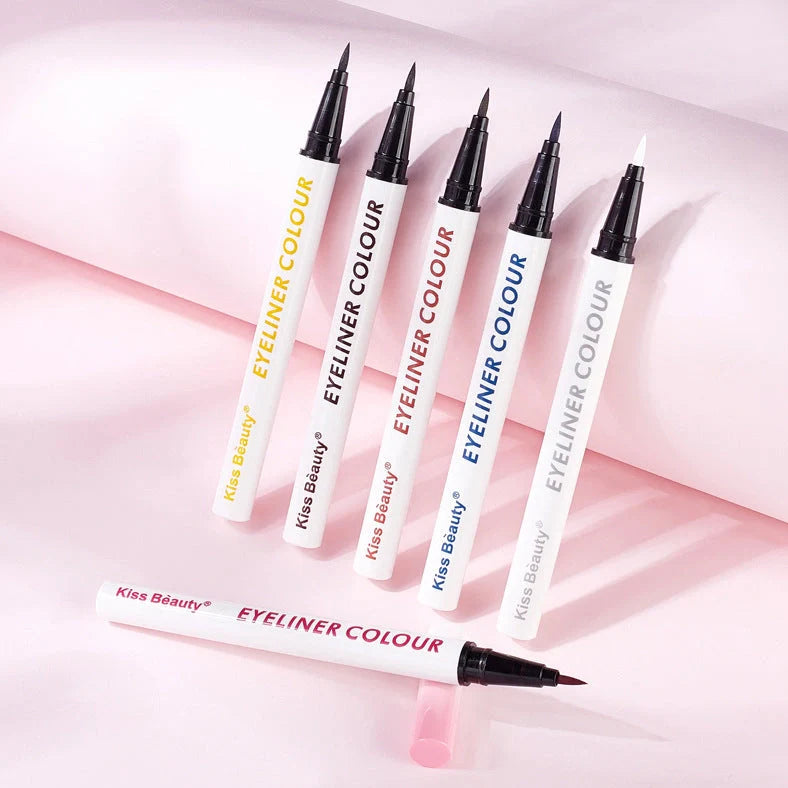 Colour eyeliner with 1ml liquid formula designed to resist sweat and maintain makeup application throughout the day, available in light coffee, pink purple, and blue shades with precise 2mm tip for controlled application