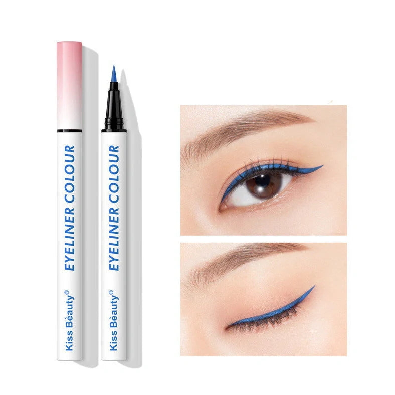 Colour eyeliner with sweat-resistant formula in light coffee, pink purple, and blue shades showing 2mm precision tip