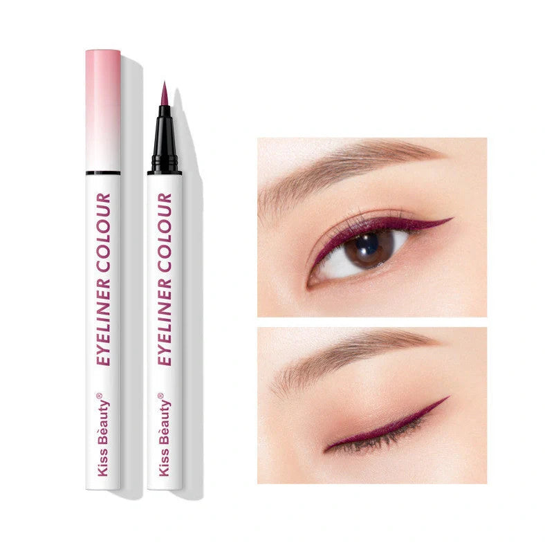 Colour eyeliner with sweat-resistant formula in light coffee, pink purple, and blue shades showing 2mm precision tip
