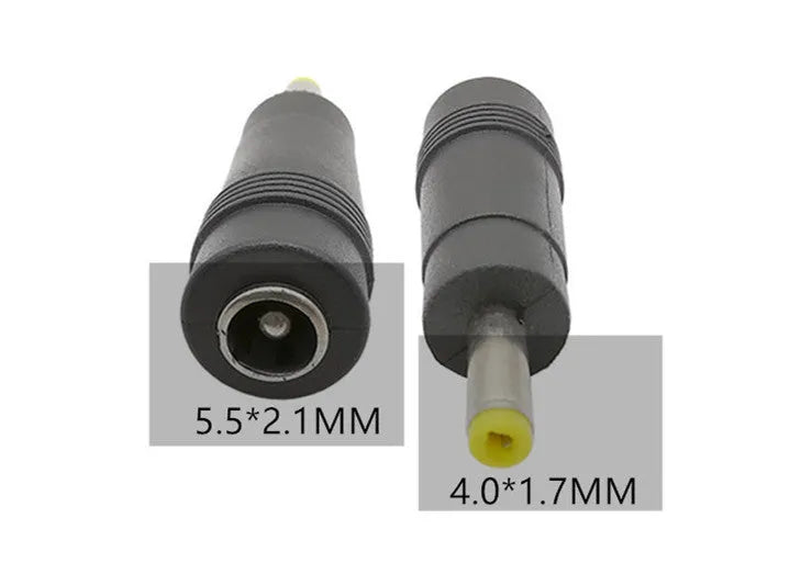Black round injection-moulded DC power adapter 5.5x2.1 female to 4.0x1.7 male plug