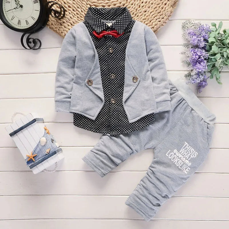 Infant boys printed casual suit set with jacket and trousers in grey, navy blue, or red