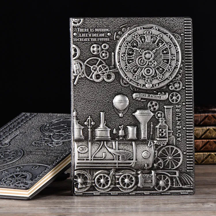 European relief retro notepad with embossed cover in red bronze, silver, and green bronze colours