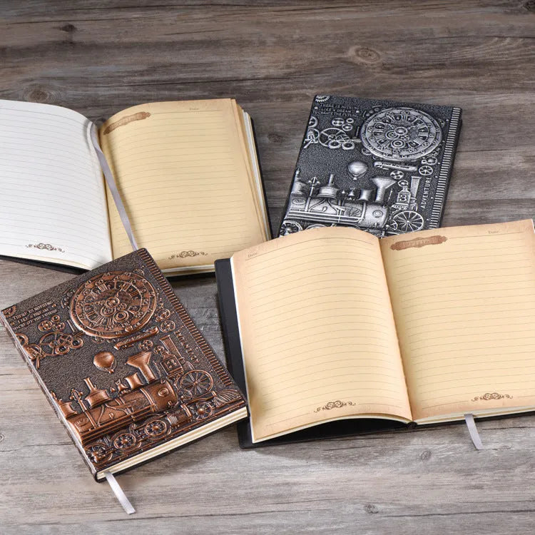 European relief retro notepad with embossed cover in red bronze, silver, and green bronze colours