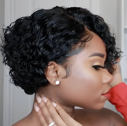 Baisi Model 9808 women's short curly black wig with oblique bangs, 25-30 cm length for darker skin tones