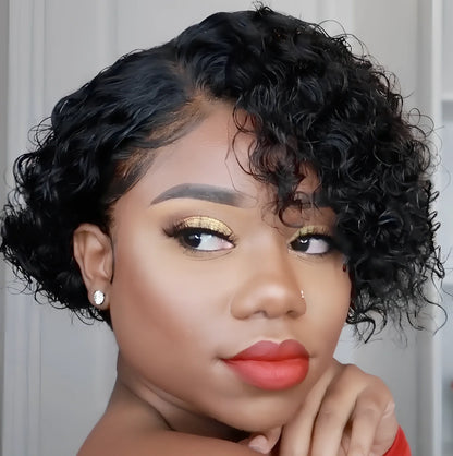 Baisi Model 9808 women's short curly black wig with oblique bangs, 25-30 cm length for darker skin tones