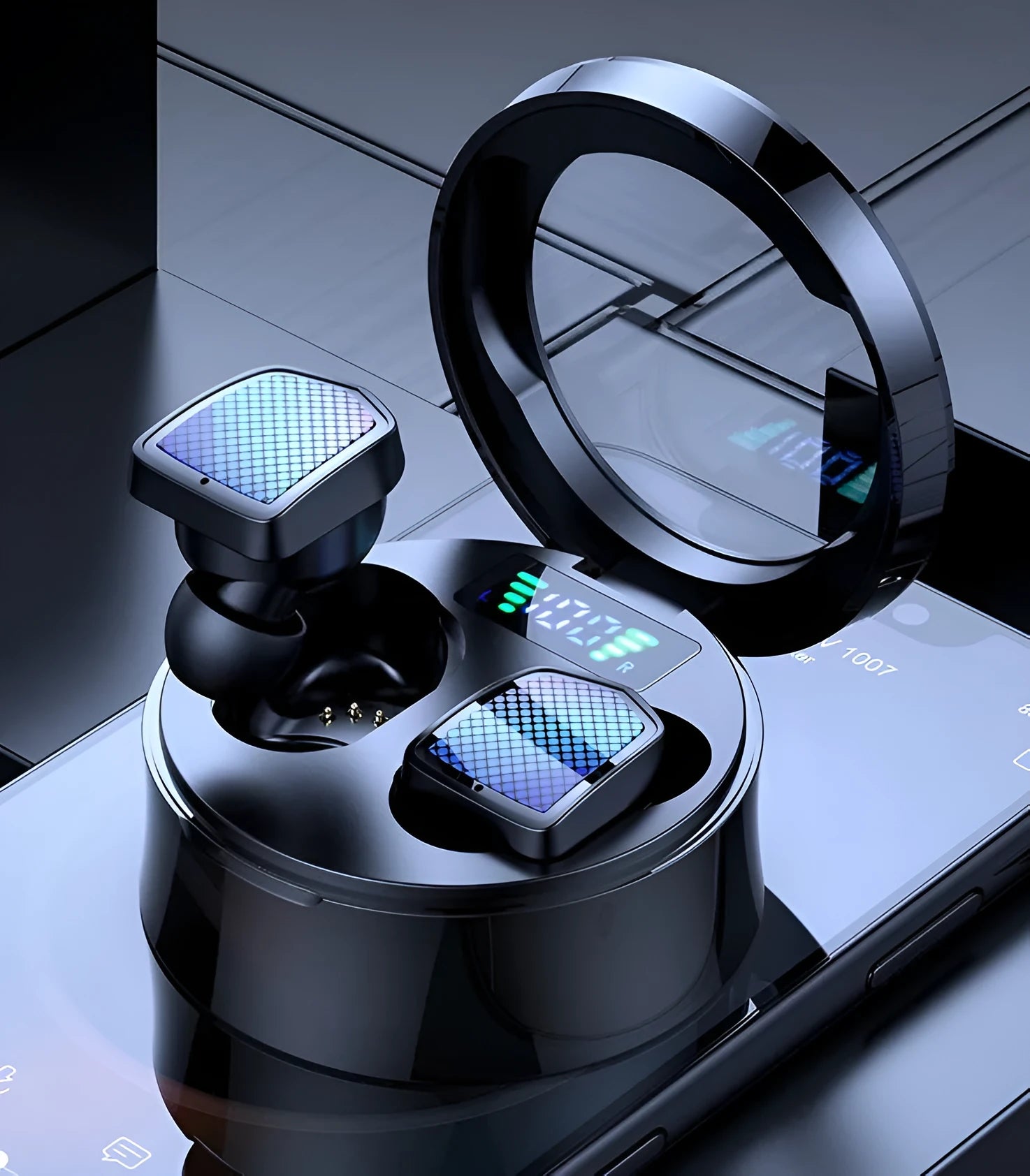 Black and white true wireless Bluetooth earbuds with a compact charging case on a table.