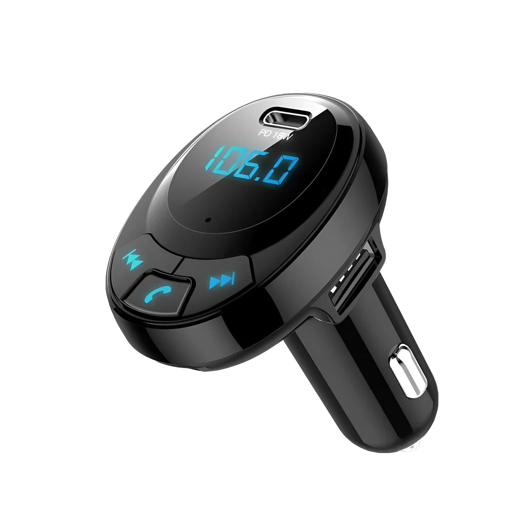 Black Bluetooth car MP3 player with digital screen and dual USB ports plugged into a car cigarette lighter.