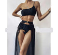 Three-piece solid colour swimsuit bikini in blue, high waist open back design