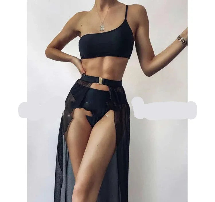 Three-piece solid colour swimsuit bikini in blue, high waist open back design