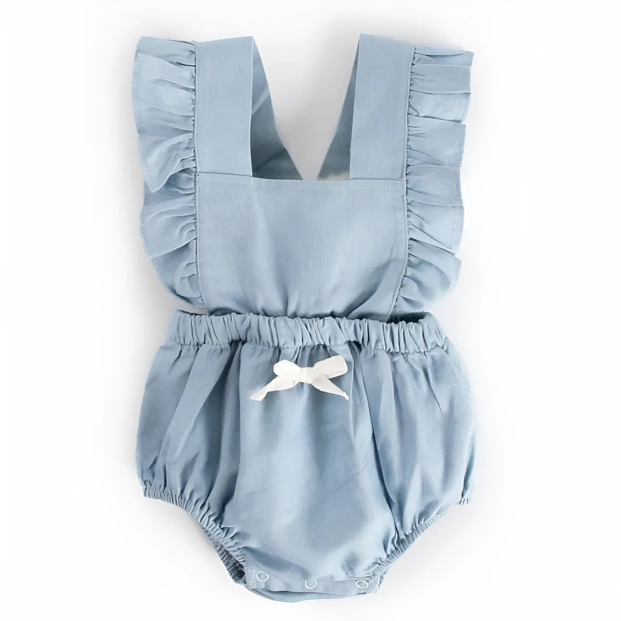 Blue denim lace sleeveless baby romper on a hanger, showing the triangle crawl leg design.