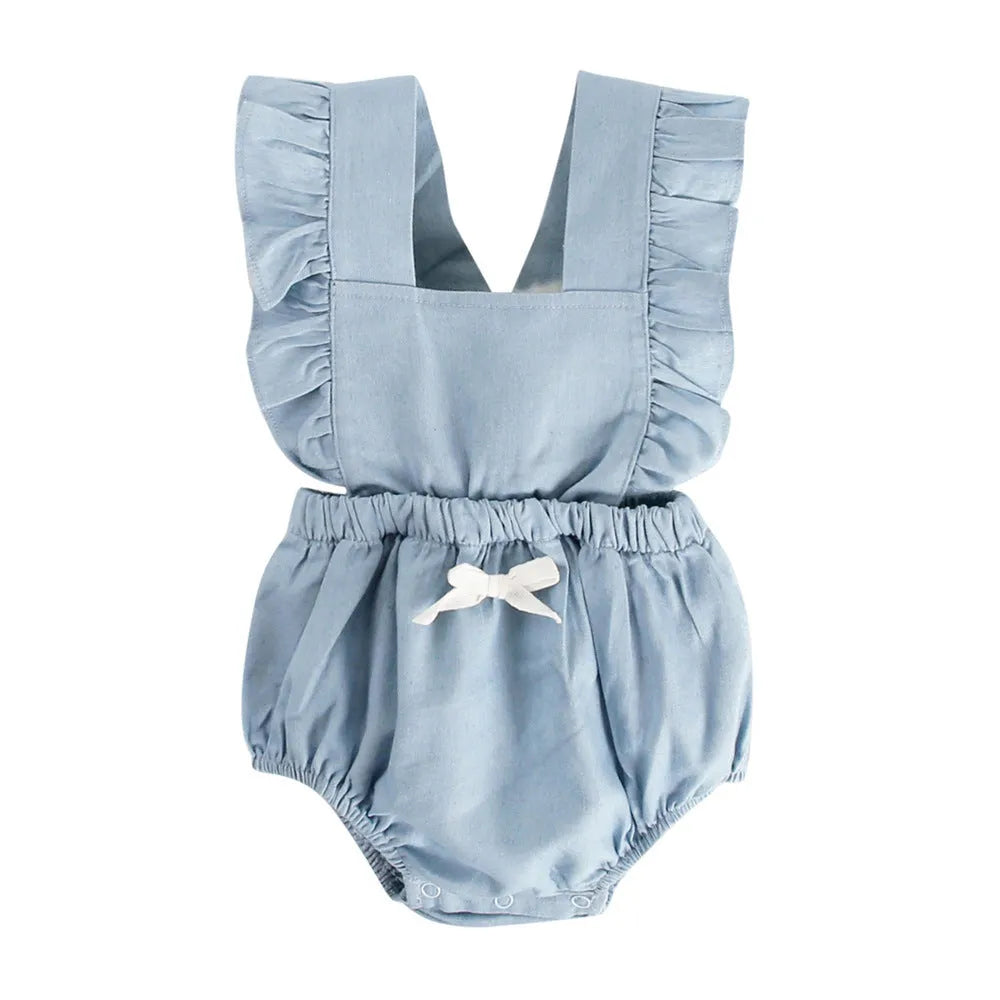 Blue denim lace sleeveless baby romper on a hanger, showing the triangle crawl leg design.