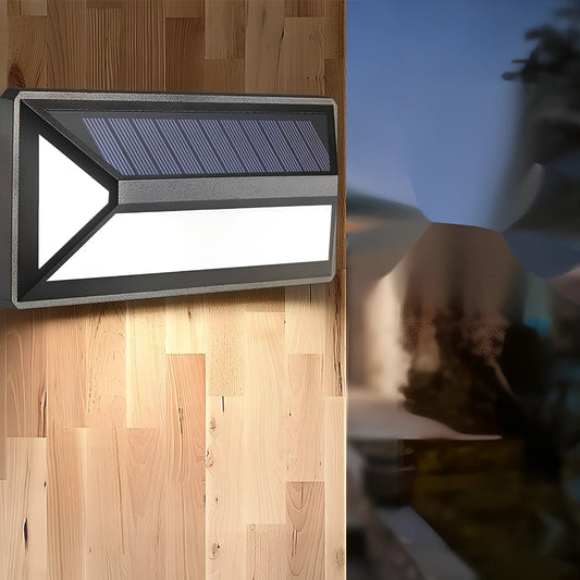 Black 33-LED solar wall light, IP65 waterproof, 166x75x30 mm dimensions, 5W output for outdoor use