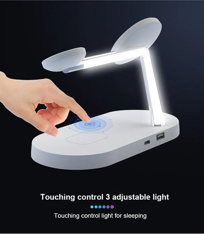 5-in-1 Magnetic Wireless Charging Station with iPhone, Apple Watch, and AirPods charging capabilities, adjustable night light, and stable anti-slip design.
