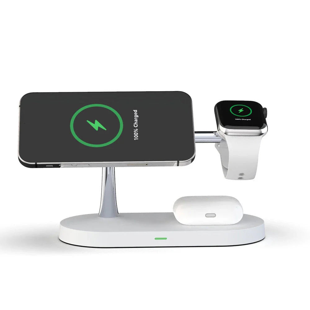 5-in-1 Magnetic Wireless Charging Station with iPhone, Apple Watch, and AirPods charging capabilities, adjustable night light, and stable anti-slip design.