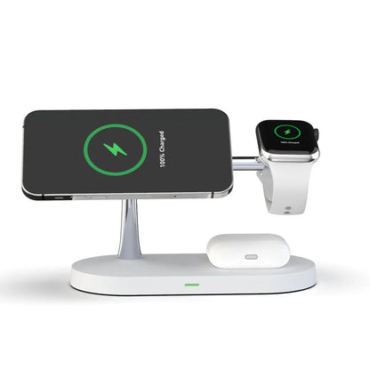 5-in-1 Magnetic Wireless Charging Station with iPhone, Apple Watch, and AirPods charging capabilities, adjustable night light, and stable anti-slip design.