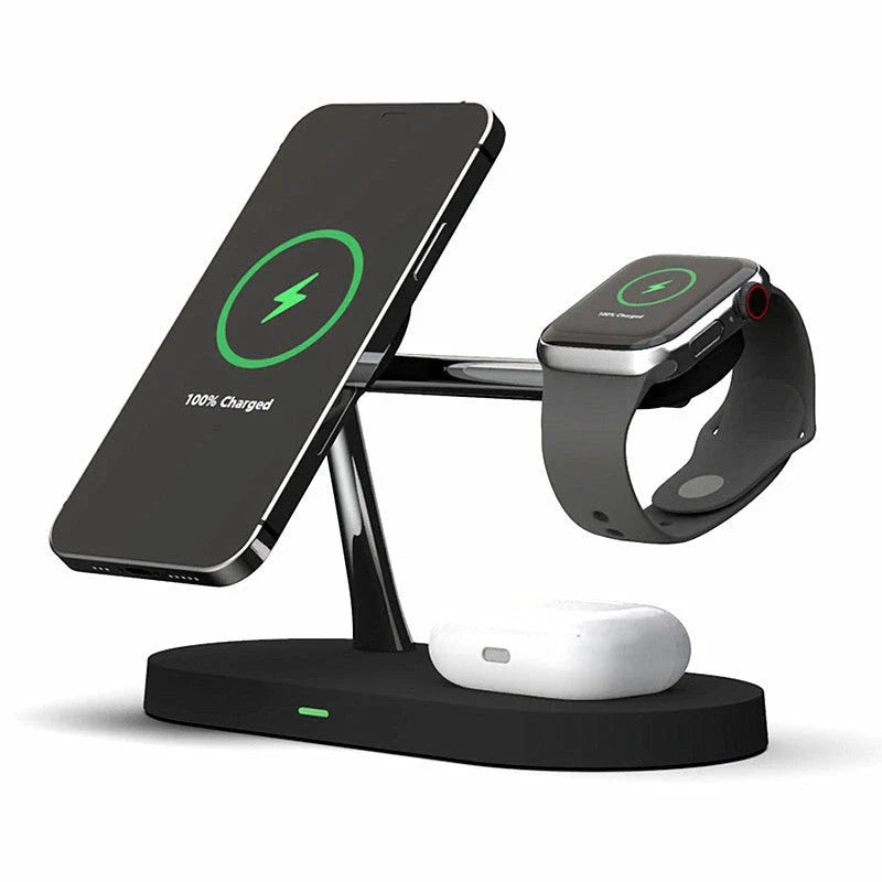 5-in-1 Magnetic Wireless Charging Station with iPhone, Apple Watch, and AirPods charging capabilities, adjustable night light, and stable anti-slip design.
