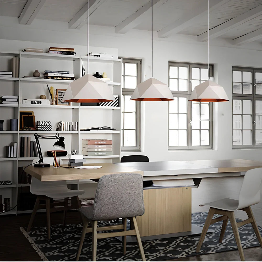 Colourful geometric iron hanging lamp, 46cm diameter, adjustable to 2m height in black or white for home lighting