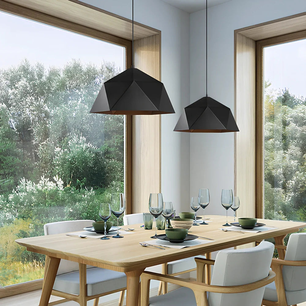 Colourful geometric iron hanging lamp, 46cm diameter, adjustable to 2m height in black or white for home lighting