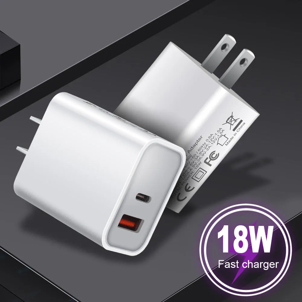 White 18W fast charger with dual USB-C ports and interchangeable EU UK US plugs for iPhone 12