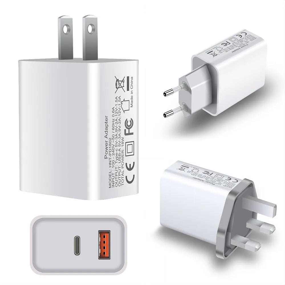 White 18W fast charger with dual USB-C ports and interchangeable EU UK US plugs for iPhone 12
