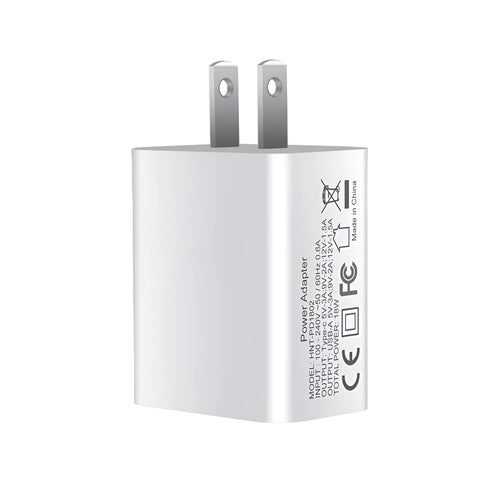 White 18W fast charger with dual USB-C ports and interchangeable EU UK US plugs for iPhone 12