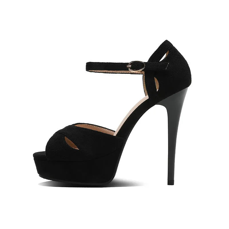 Women's black suede stiletto high heel platform sandals with fish mouth toe and Roman style open side
