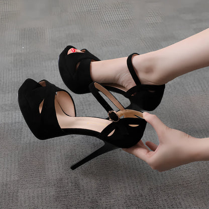 Black women's stiletto heels with fish mouth toe and waterproof platform, Roman style design