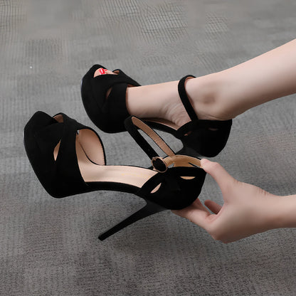 Black women's stiletto heels with fish mouth toe and waterproof platform, Roman style design