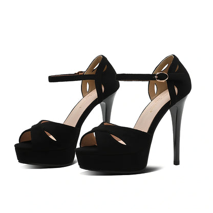 Black women's stiletto heels with fish mouth toe and waterproof platform, Roman style design