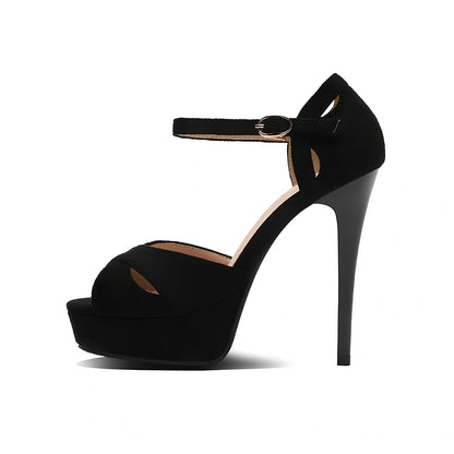 Black women's stiletto heels with fish mouth toe and waterproof platform, Roman style design