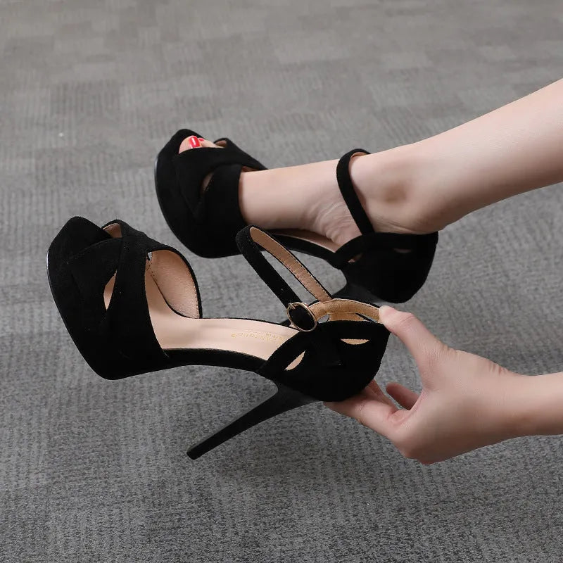 Women's black suede stiletto high heel platform sandals with fish mouth toe and Roman style open side