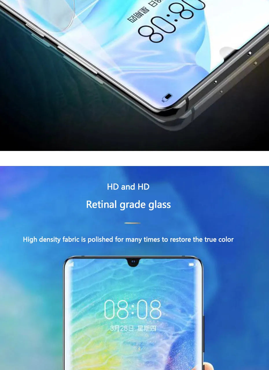 Three-pack of clear hydrogel screen protector films for Huawei and Honor smartphones.