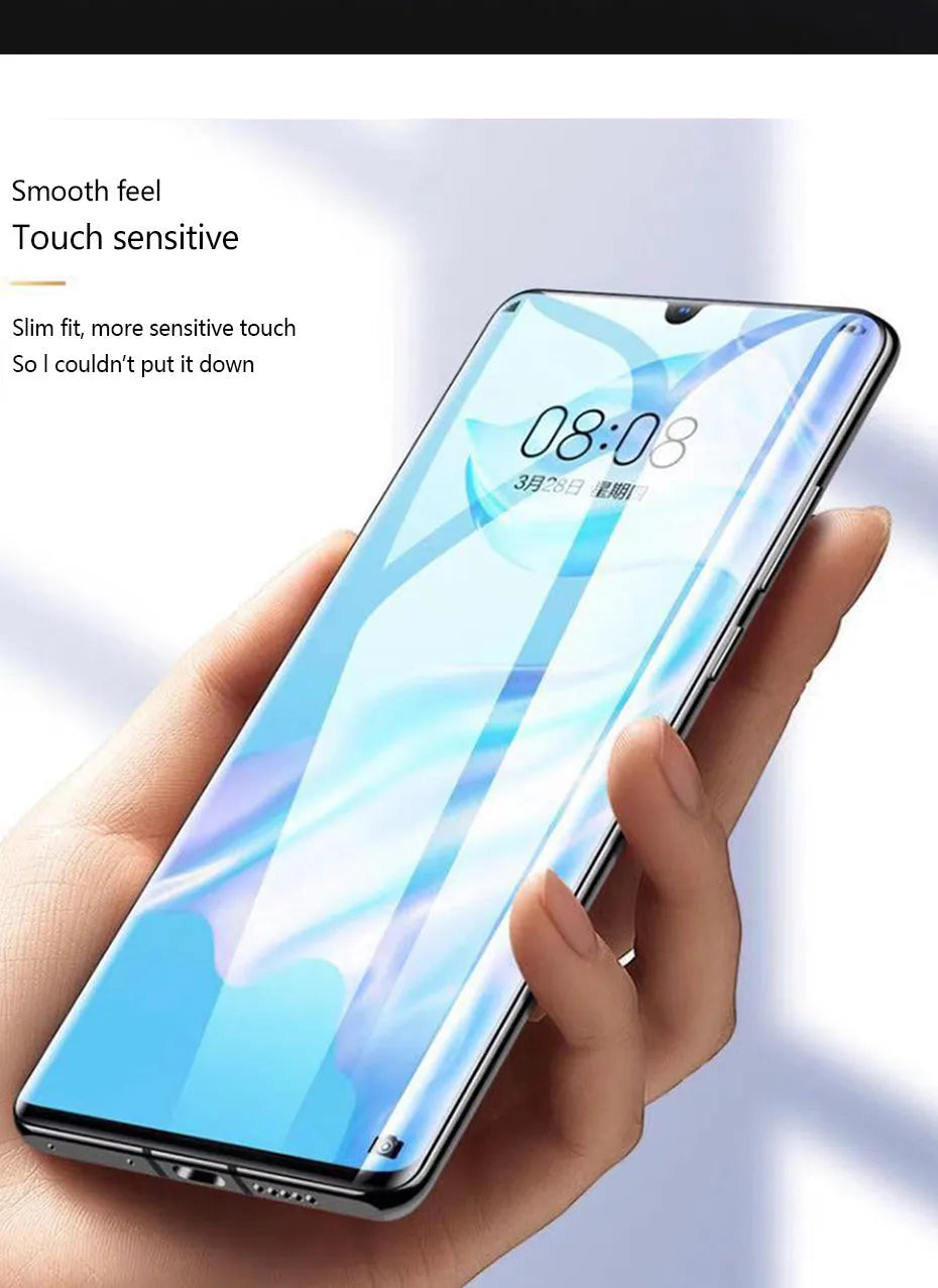 Three-pack of clear hydrogel screen protector films for Huawei and Honor smartphones.