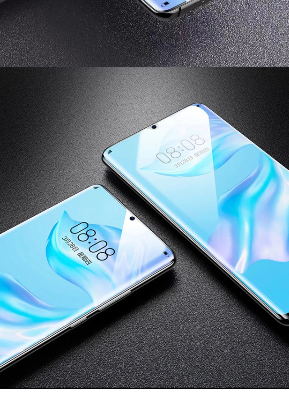 Three-pack of clear hydrogel screen protector films for Huawei and Honor smartphones.