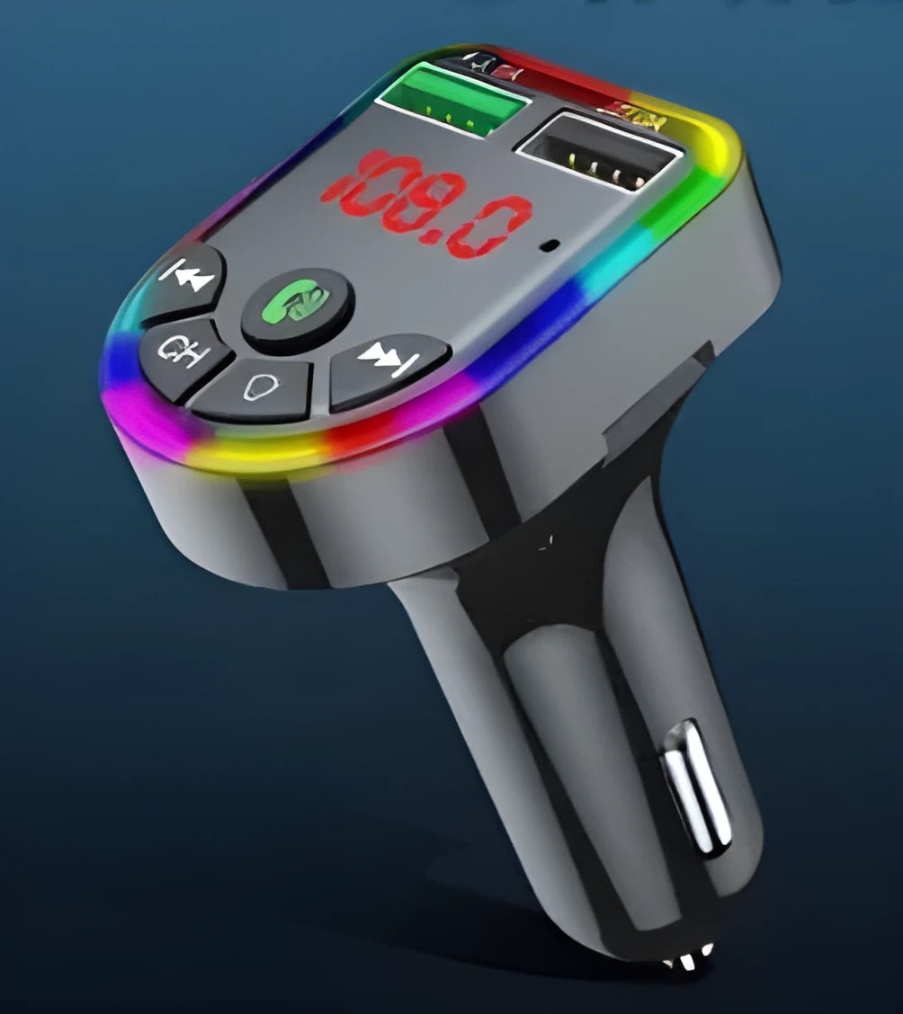 Bluetooth car MP3 player with dual USB charger and colourful atmosphere light plugged into vehicle cigarette lighter