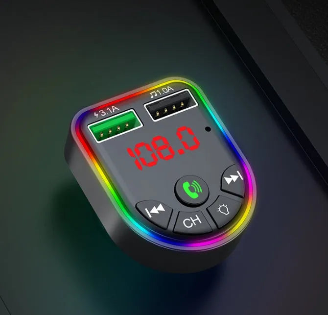 Bluetooth car MP3 player with dual USB charger and colourful atmosphere light plugged into vehicle cigarette lighter